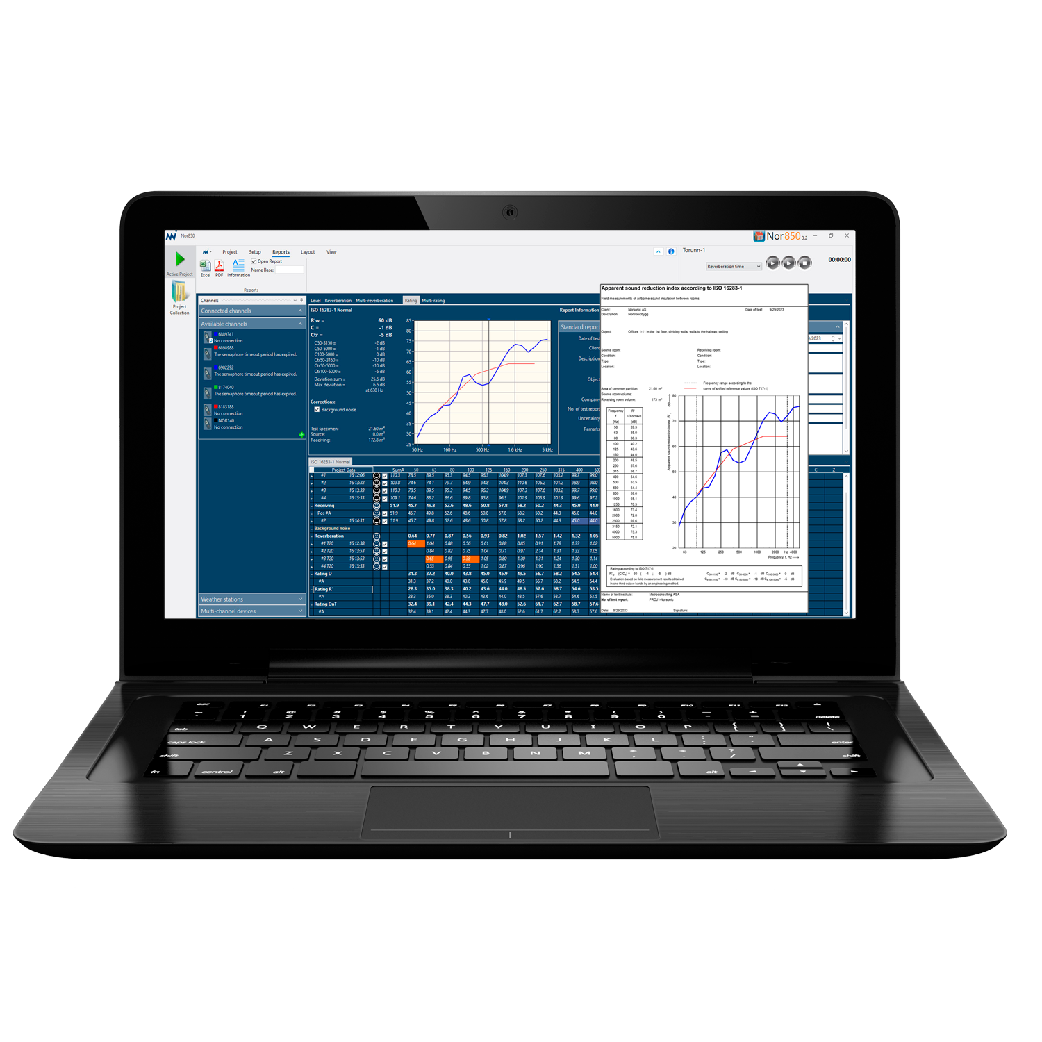 Norsonic Nor850 reporting software building acoustic ISO 16283